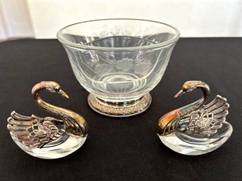 Pair Of Antique Sterling Silver And Crystal Salt Swans With Etched Glass And Sterling Dish