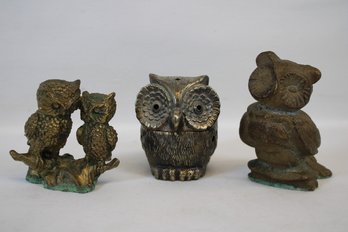 Lot Of Three Cast Metal Owls - One Is A Incense Burner