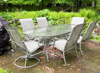A Modern Tubular Aluminum, Tempered Glass, And Mesh Outdoor Dining Set By Winston