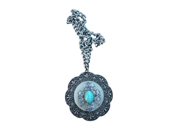 Embossed Silver Tone Flower Pendant Necklace With Phoenix And Turquoise Inlay