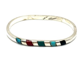 Beautiful Vintage MEXICAN Sterling Silver Multi Color Stone Inlay Hinged Bracelet