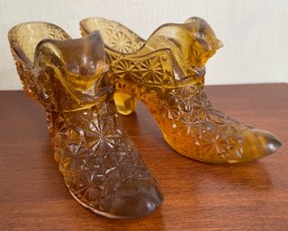 Vintage Pair Of Molded Glass Shoes With Cats