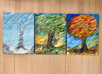 Series Of Winter, Spring & Fall Trees Acrylic On Canvas, Signed By Artist