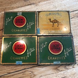 4 Cigarette Tins - 3 Lucky Strike, 1 Camel 1930s , Partial Tax Stamp On All