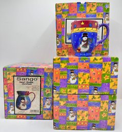 New In Box Sango Sweet Shoppe Christmas Pitcher & Set 12 Mugs By Sue Zipkin (13 Pieces)