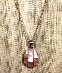 Fine Sterling Silver 16' Long Chain Having Pink Mother Of Pearl Inlaid Pendant