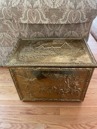 Copper Relief Cover Of A Wooden Box. Fire Wood Box.