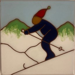 Hand Painted Besheer Skier Art Tile