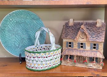 Celadon Plate, Portuguese Ceramic Basket And Hand Painted Ceramic Candle House