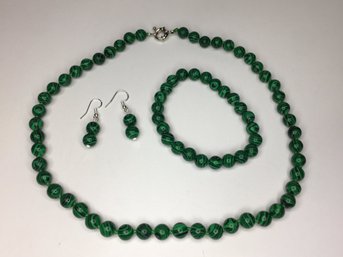 Incredible Brand New $395 From Macy's - Malachite Bead Necklace - Bracelet & Earring Set With Sterling Mounts