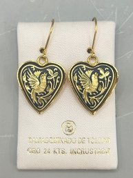 Brand New Damasquinado De Toledo 24k Gold Embedded Heart Earrings