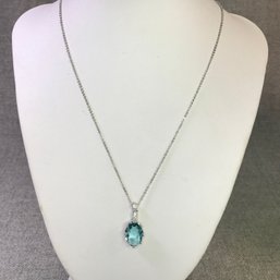 Wonderful Vintage 925 / Sterling Silver 18' Necklace With Faceted Aquamarine / Sparkling White Zircon Pendant