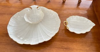 Lenox Porcelain Chip & Dip Sea Shell Design With Gold Trim & Lenox Leaf Shaped Candy Dish Both Made In USA.