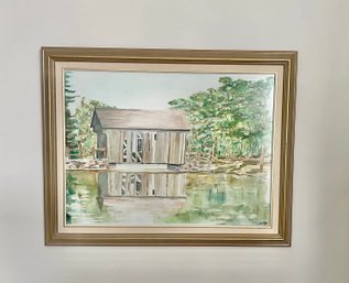 Covered Bridge Watercolor, Custom Framed Behind Non Glare Glass - Signed