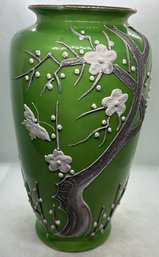 Vintage Japanese Green Moriage Vase With Hand-Applied Cherry Blossom Motif