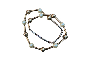 Vintage Barrel Link Polished Pearl Beaded Necklace