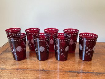 8 Vintage Bohemian Ruby Glass Etched To Clear Glasses