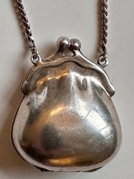 Vintage Artisan Sterling Silver Necklace With Purse Shaped Pendant, Unmarked