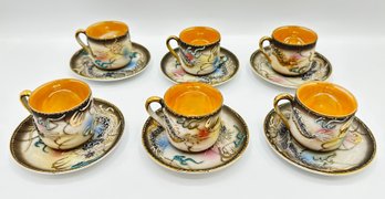 6 Vintage Hand-Painted Moriage Dragonware Demitasse Cups & Saucers,  Japan