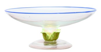 Seguso Murano Pedestal Glass Bowl  With Green Leaf, Gold Bubble Ball And Blue Rim