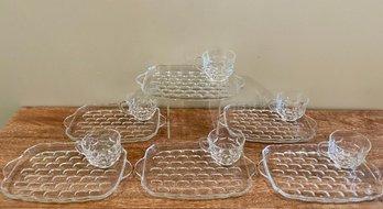 Set Of Six Vintage Basket Weave Pattern Glass Tea Sandwich Plates & Punch Cups