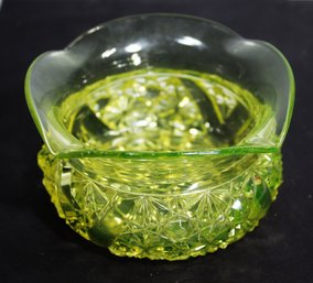 Antique 'Victory' Pattern Glass Bowl In Uranium Glass 5' Wide