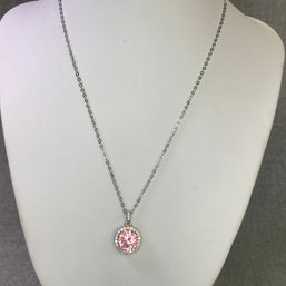 Very Pretty 925 - Sterling Silver Necklace With Sparkling White Topaz & Pink Tourmaline Necklace & Pendant