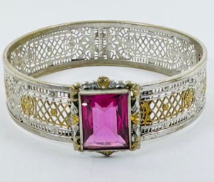 GORGEOUS ART DECO SILVER AND GOLD TONE PINK STONE BRACELET BEAUTIFUL DESIGN