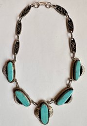 Vintage Massive Mexico Ornate 925 Sterling Silver & Turquoise Inlaid Necklace