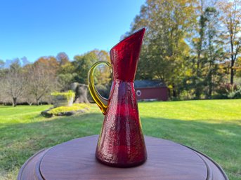 Hand Blown Red Crackle Glass Pitcher