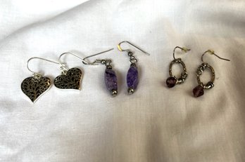 Three Pairs Of Earrings, One With Amethyst