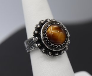 Antique & Amazing Tiger Eye Poison Ring In Sterling Silver