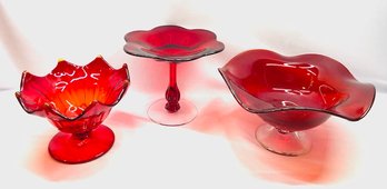 Trio Of Ruby Red Pedestal Dishes