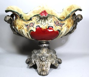 Victorian Majolica Center Bowl Having Cast Metal Cherub Handles & Base