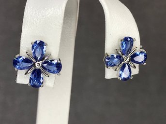 Fabulous Brand New Sterling Silver / 925 Flower / Floral Earrings With Tanzanite - These Are SIMPLY BEAUTIFUL