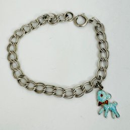 VINTAGE STERLING SILVER CHARM BRACELET WITH STERLING SILVER AND ENAMELED LAMB CHAIN