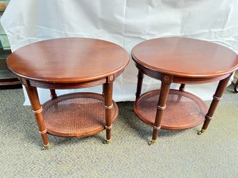 Matching Pair Of Wood Tables, Rush Lower Shelves, On Wheels