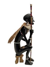 Hand Carved? Wooden African Woman Fishing On A Stool With Double Point Spear And Cape