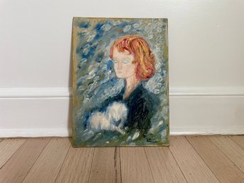 Vintage Portrait Of Girl Holding A Cat On Artists Board, Signed