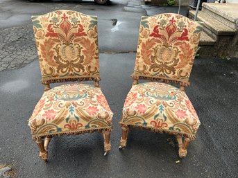 Antique Chabby Chic Painted French Victorian Era Chairs-ornately Upholstered With Tied Fringe