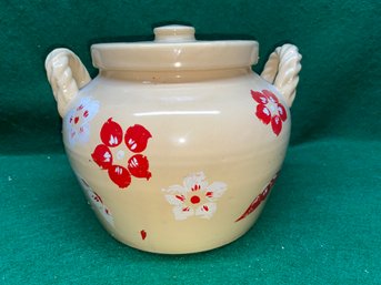Vintage Stoneware Cookie Jar 'Rope Handles' Painted Flowers.