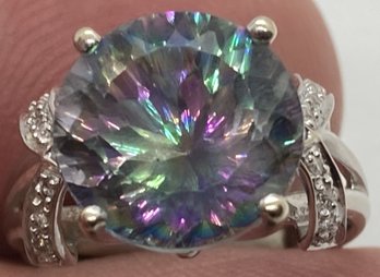 STUNNING Vintage 14K White Gold Ring With A Huge MYSTIC TOPAZ Center Stone And Diamond Accents