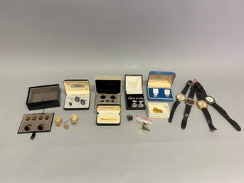 Assorted Jewelry Lot Including Sterling Cufflinks, Mens Watches, Tie Tacks And More