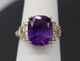 Beautiful Amethyst & Sapphire Sterling Silver Ring W/ Gold Overlay