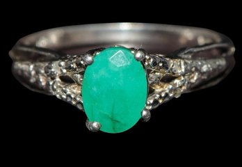 Antique Setting 925 Ring With Emerald And Diamonds Size 7