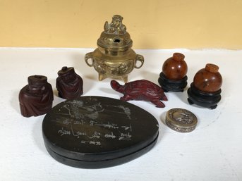 Very Nice Lot Of Vintage / Antique Chinese - Asian - Horn ? Rhino ? - Small Brass Censer - Ink Palette WOW !