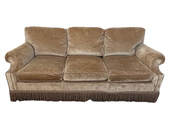 Vintage Custom Tan Velvet Couch With Fringed Bottom And Rolled Arms