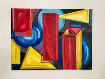 Primary Color Cubist Oil Painting, Signed