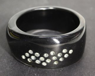 Large Designer Black Lucite Plastic Wide Bangle Bracelet W Rhinestone