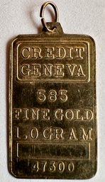 Vintage 14K Yellow Gold Credit Geneva 585 Fine Gold Charm Pendant, 1.0 Gram